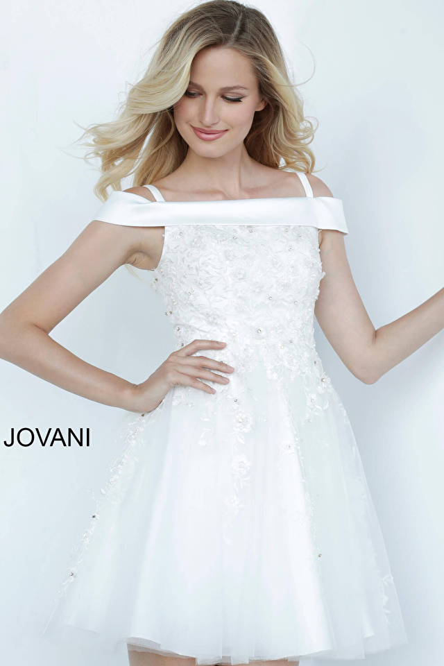 Model wearing Jovani style K00361 ivory dress