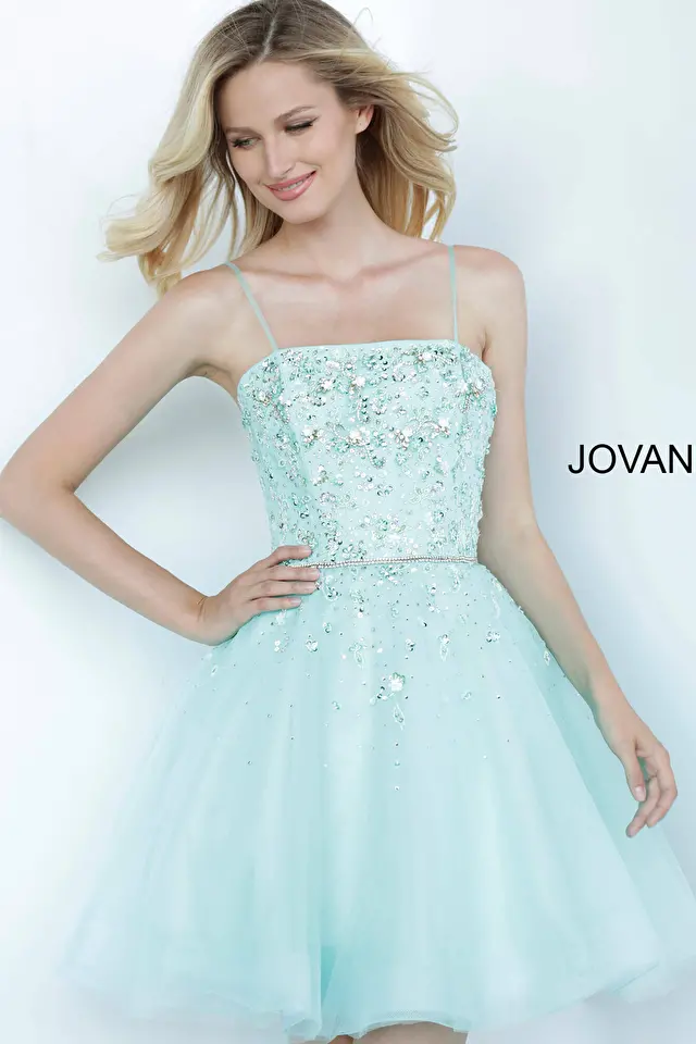 Model wearing Jovani style K3641 fit & flare dress
