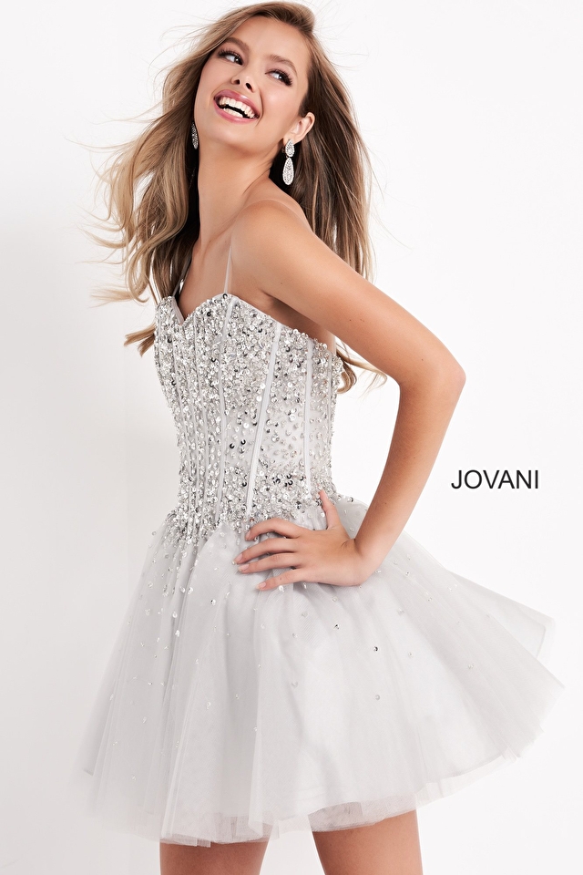 Model wearing Jovani style K59903 fit & flare dress