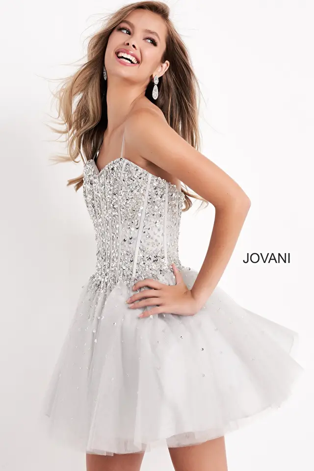 jovani Jovani K59903 Silver Spaghetti Straps Sweetheart Dress
