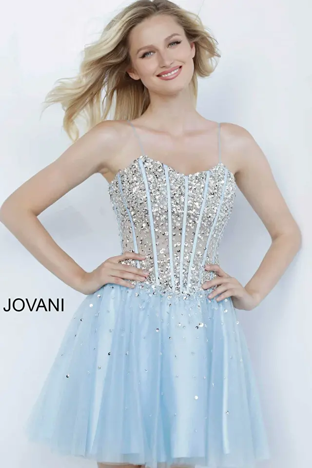Model wearing Jovani style K59903 corset dress
