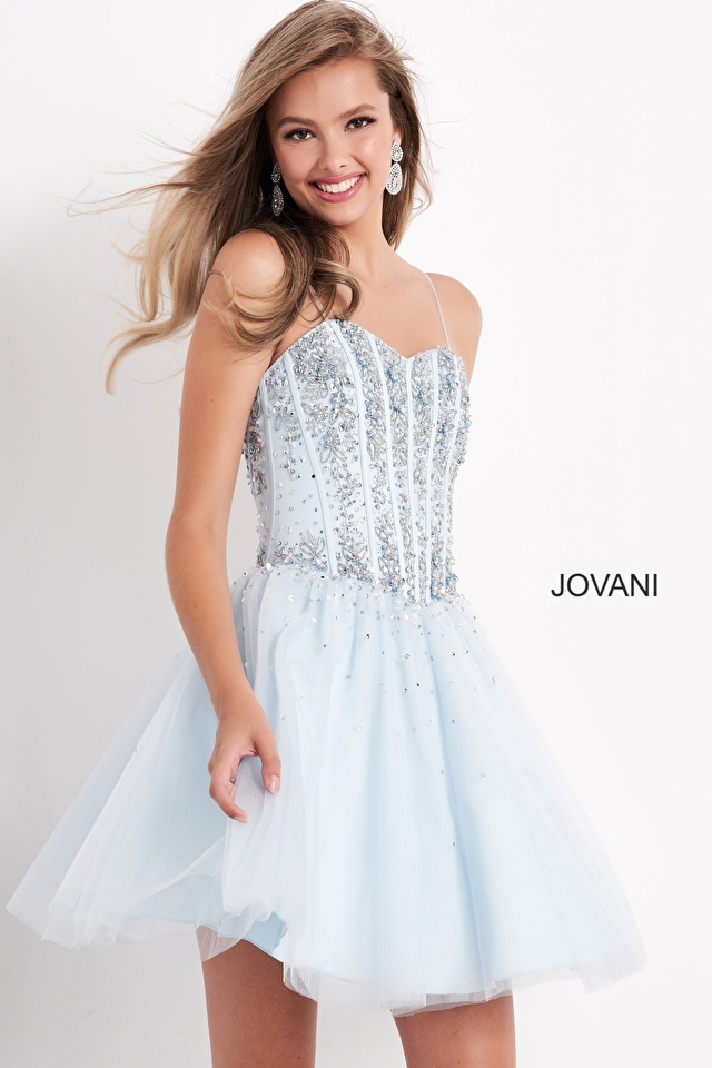 Model wearing Jovani style K62533 fit & flare dress