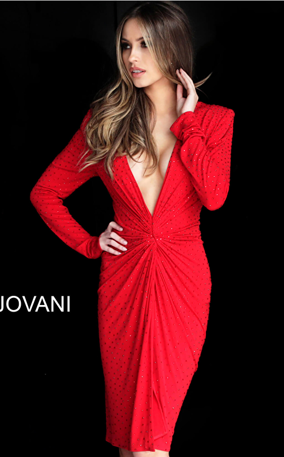 Jovani red long sleeve plunging cocktail dress 3059