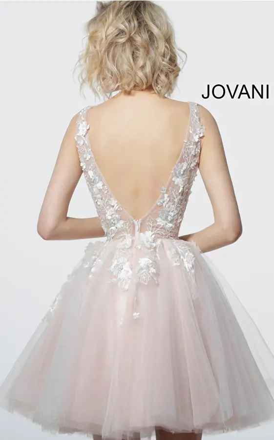 Jovani 63987 Off White Blush Floral V Neck Bodice Cocktail Dress 