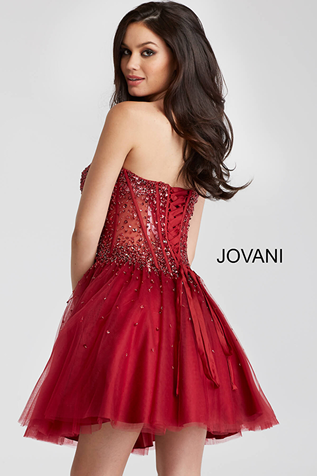 Jovani 55142  Burgundy sheer embellished fit flare dress