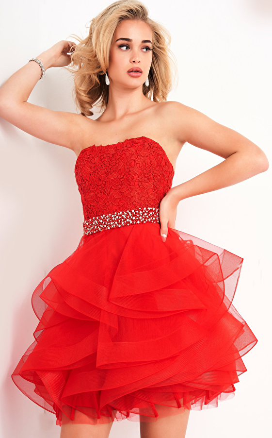 Jovani K3099 Red Embellished Belt Strapless Girls Dress
