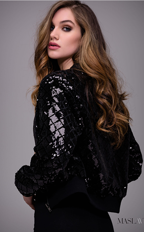 Black Sequined Contemporary Bomber Jacket by Jovani M52082
