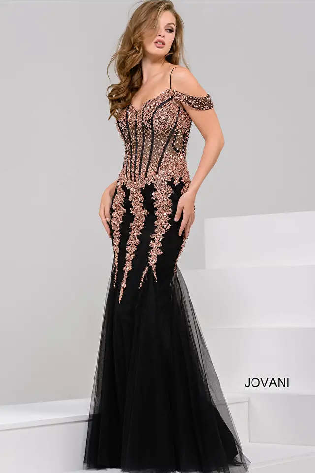 jovani Black and Rose off the Shoulder Mermaid Design 51115