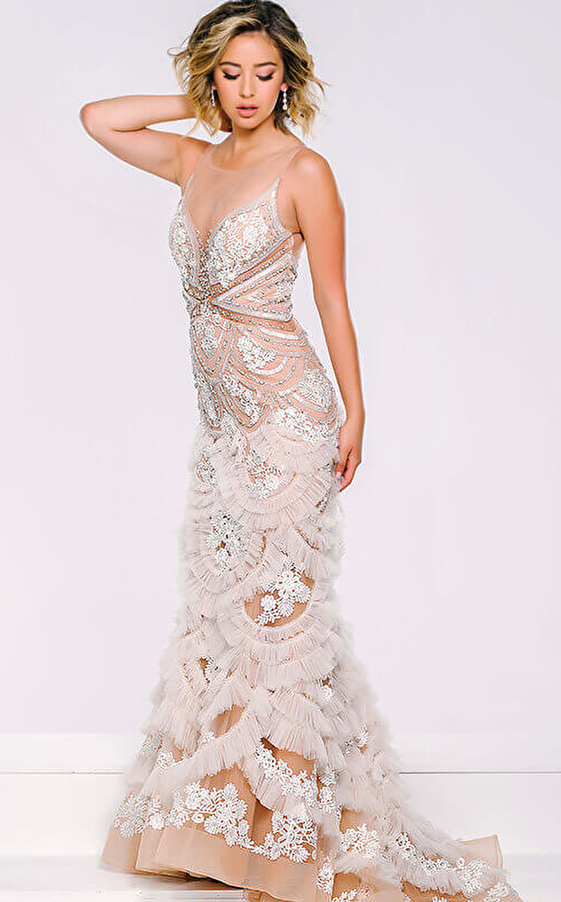 41592 ivory nude sleeveless embellished prom dress