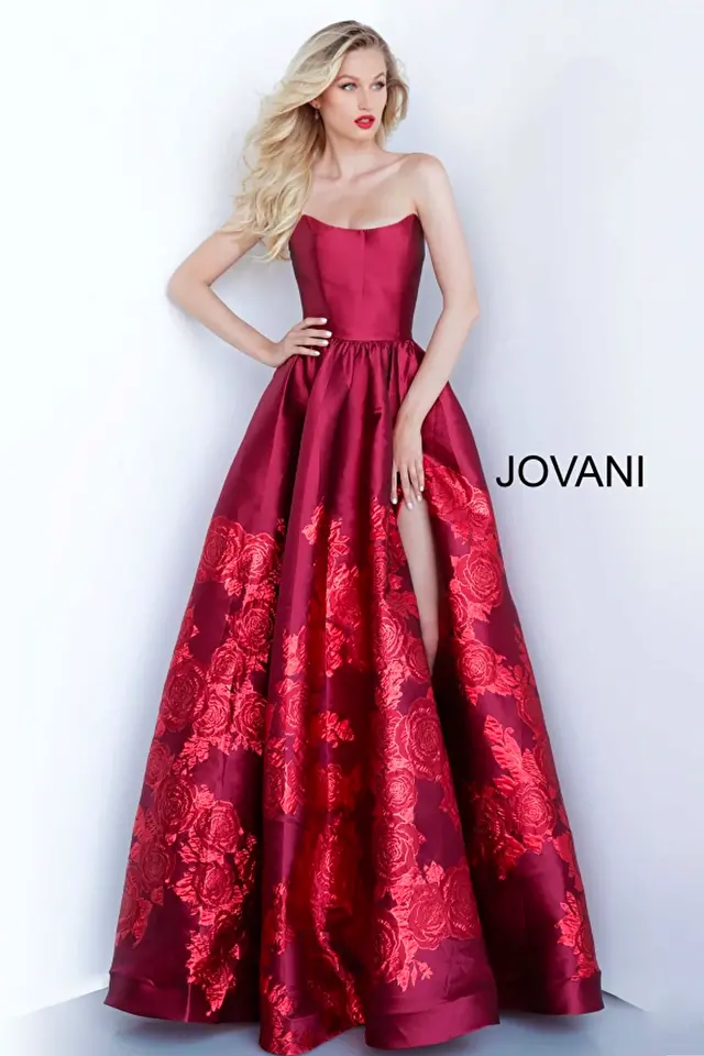 jovani Red Strapless Floral Prom Gown 02038