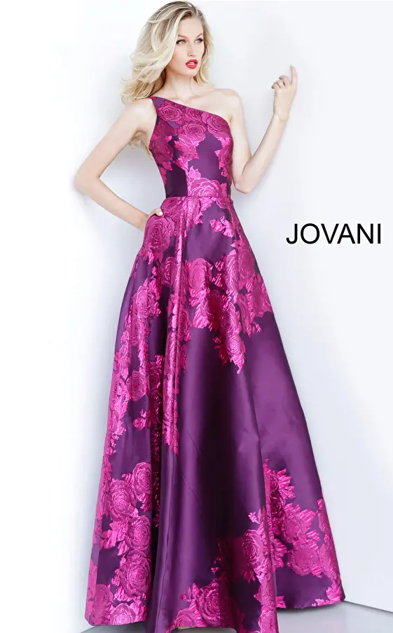 Purple Floral Print One Shoulder Prom Gown 02045