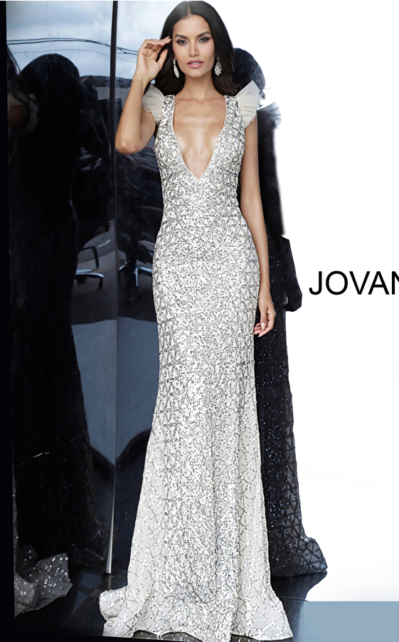 Silver Plunging Neckline Embellished Jovani prom Dress 02457