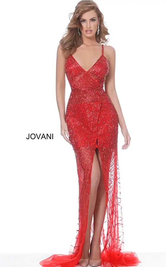 Jovani 02498 Red Beaded High Slit Prom Dress