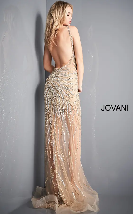 Jovani 02504 Gold Silver Embellished Plunging Neckline Prom Dress