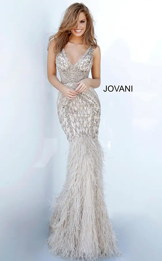 jovani Jovani 02798 Feather Bottom Embellished Evening Dress