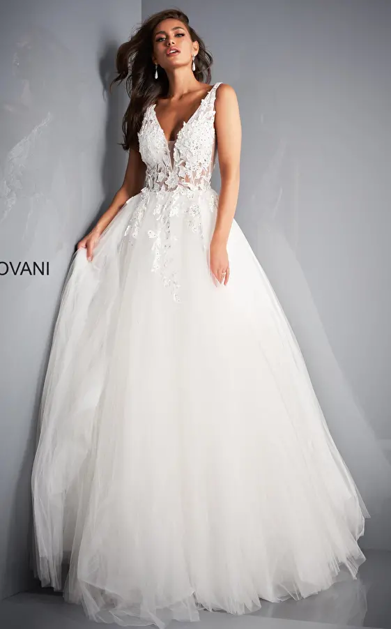 Jovani 02840 Ivory Tulle Floral Party Ballgown