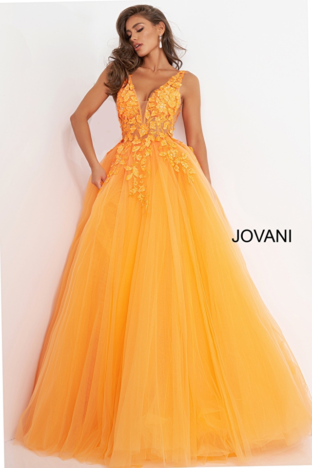 Plunging neck floral orange gown 02840