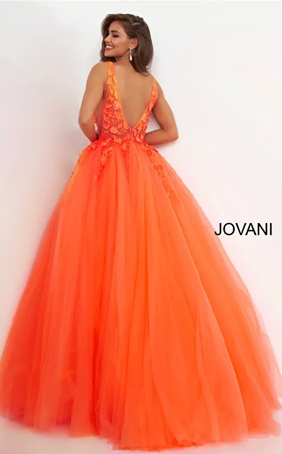 Orange V back prom ballgown Jovani 02840