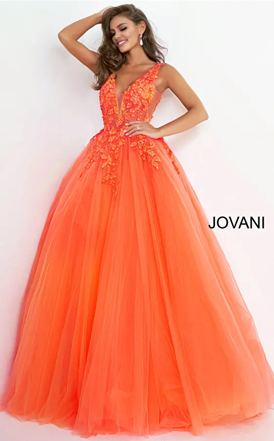 Jovani 02840 Orange Floral Appliques Ballgown