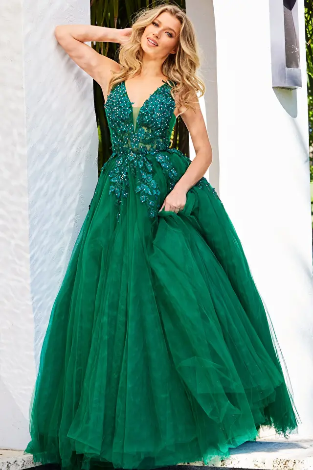 Model wearing Jovani style 02840 green prom dress