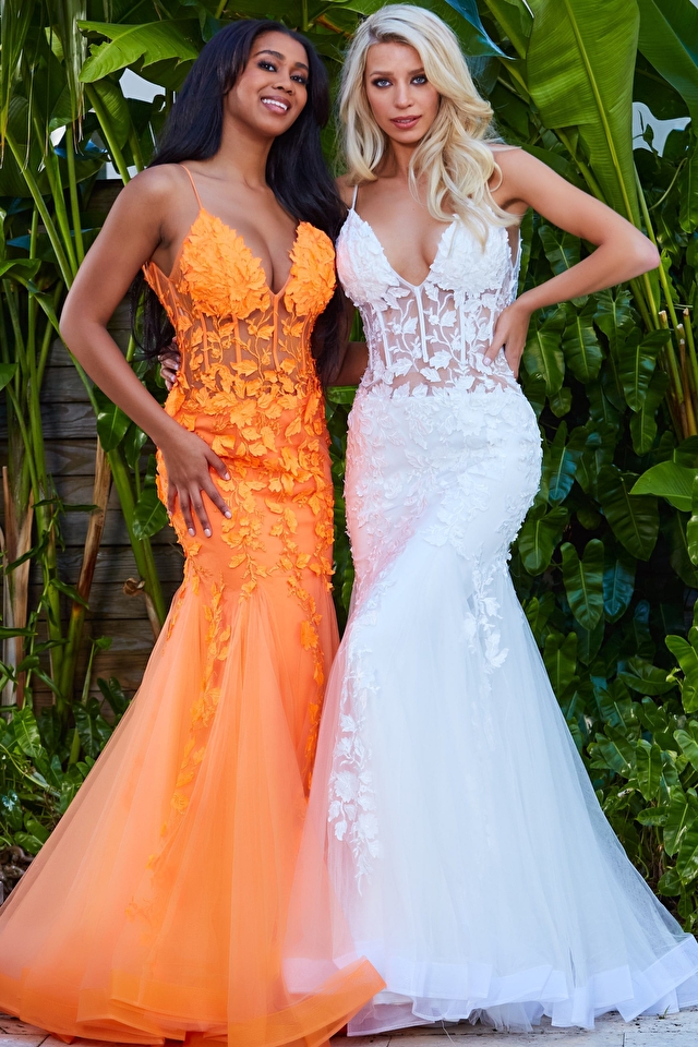 Model wearing Jovani style 02841 orange prom dress