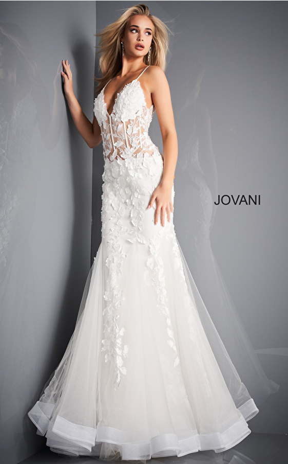 Jovani 02841 Sheer Floral Bodice Mermaid Prom Dress