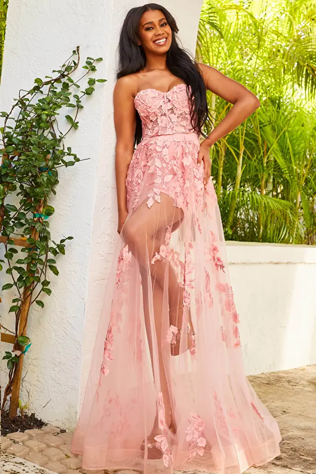 Model wearing Jovani style 02845 pink prom dress