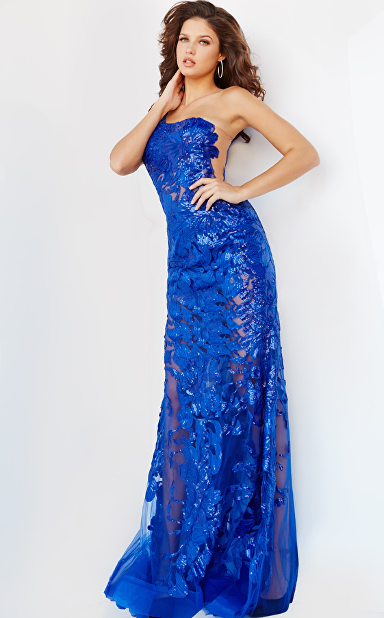 Jovani 02895 BlueOne Shoulder Embellished Gown