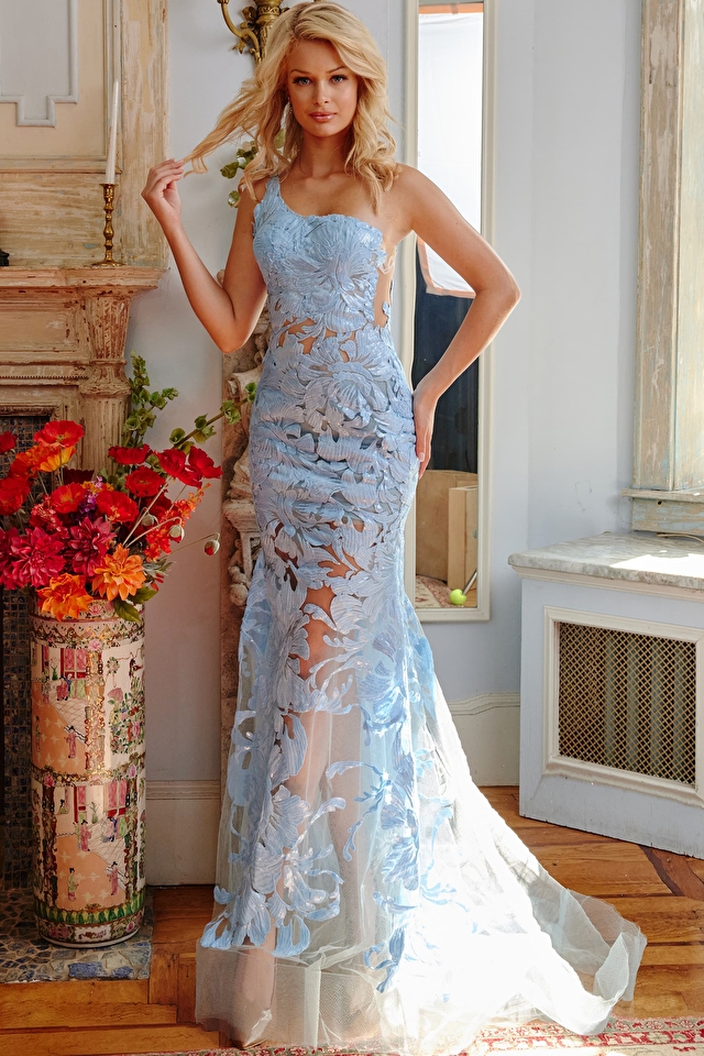 Model wearing Jovani style 02895 long prom dress