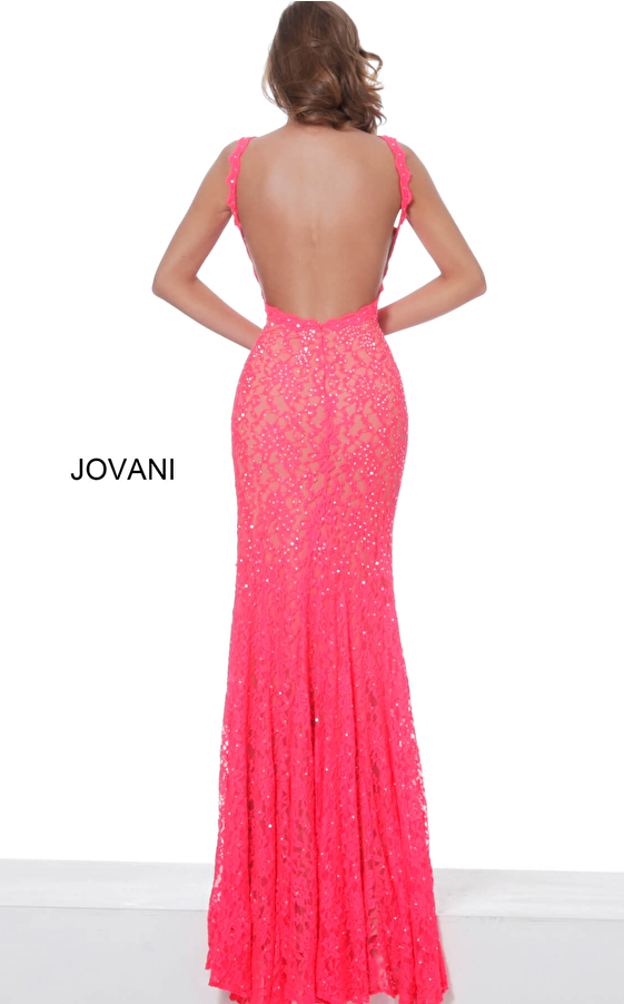 Jovani 02902 Neon Coral Embellished Lace Prom Dress