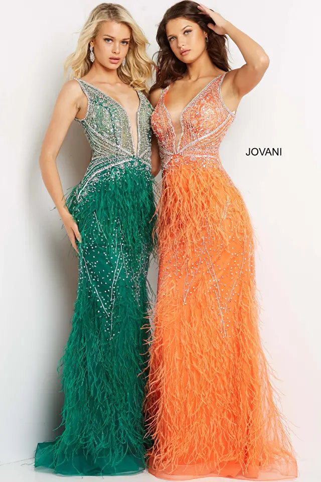 Model wearing Jovani style 03023 orange prom dress
