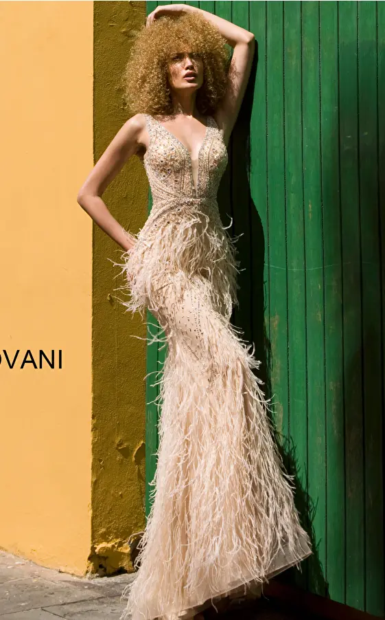 Jovani 03023 Sheer Embellished Bodice Feather Prom Dress 