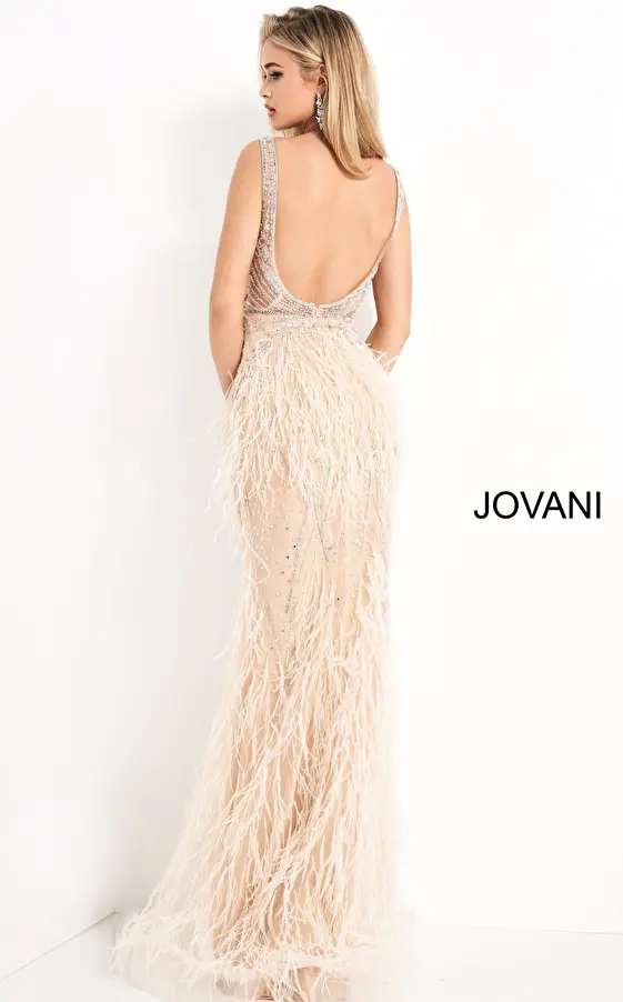 Blush sheath feather dress Jovani 03023