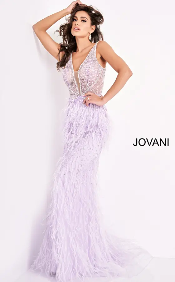 Jovani 03023 Sheer Embellished Bodice Feather Prom Dress 
