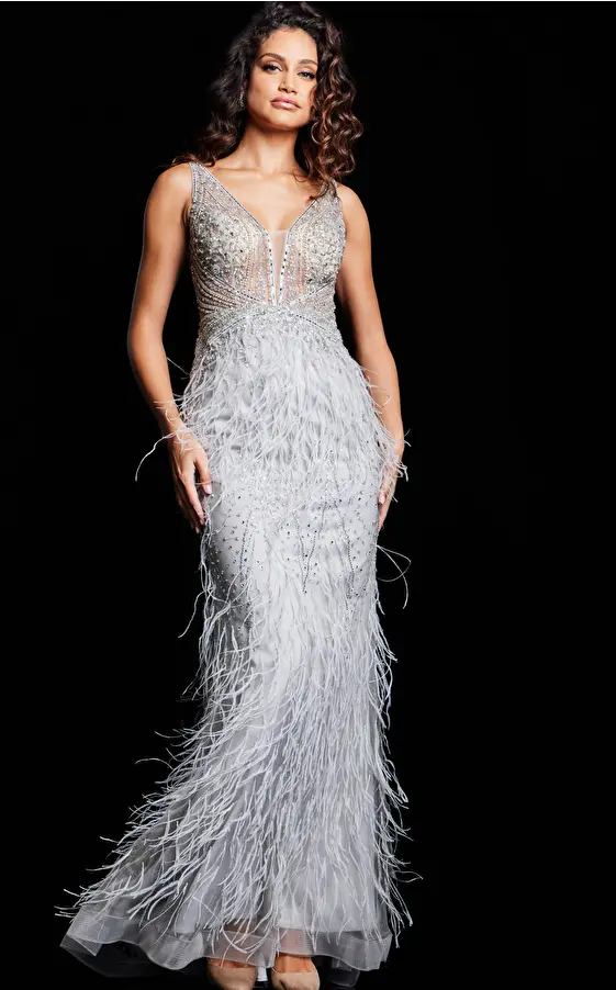 silver feather dress 03023