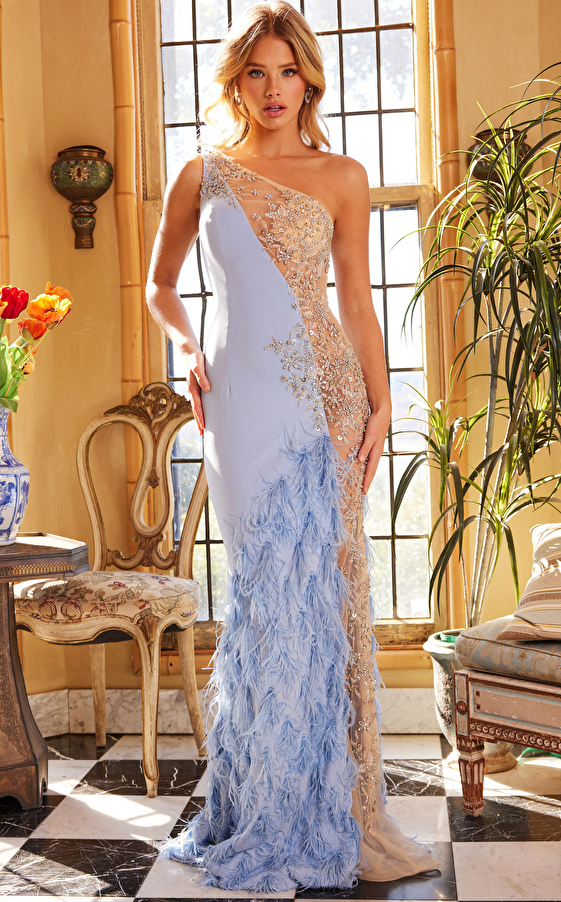 jovani Jovani 03389 Blue Nude One Shoulder Sexy Prom Dress 