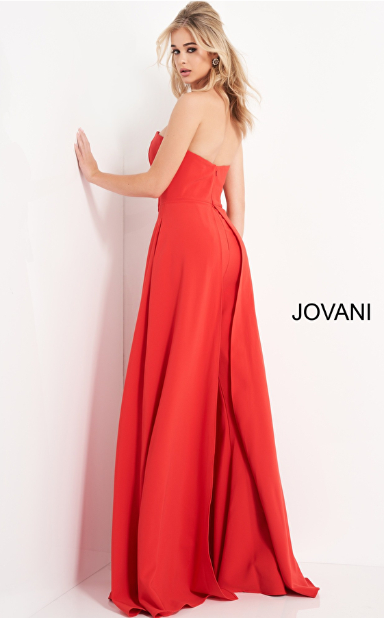 Jovani 03529 Red Strapless Wide Leg Jumpsuit