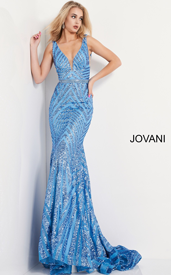 jovani Jovani 03570 Light Blue Plunging Neck Sleeveless Prom Dress
