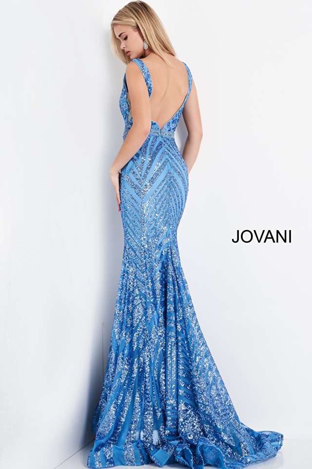 Model wearing Jovani style 03570 backless dress