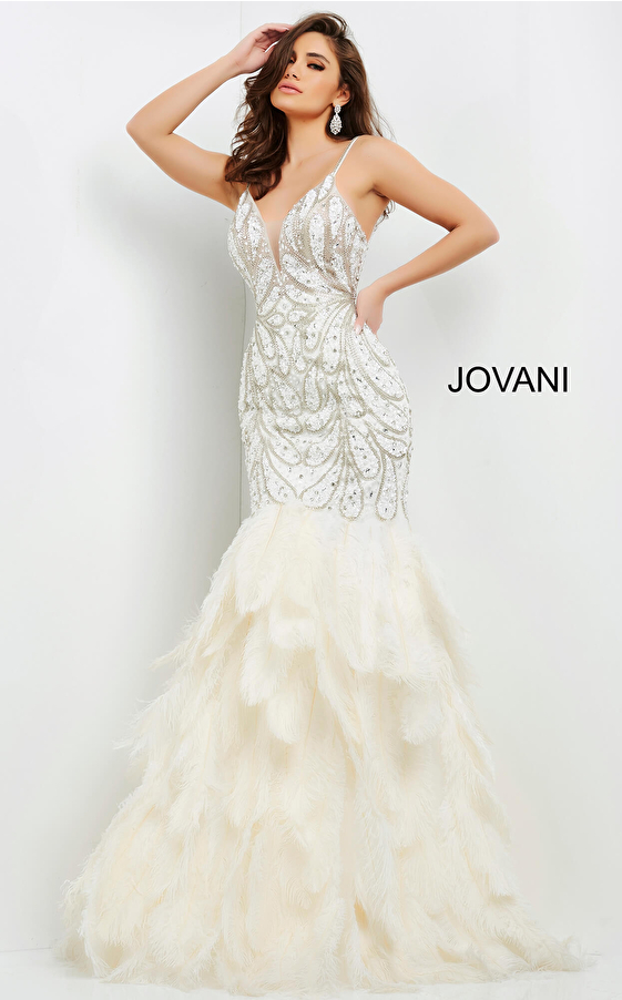 jovani Jovani 04625 Form fitting floor length dress with mermaid feather bottom