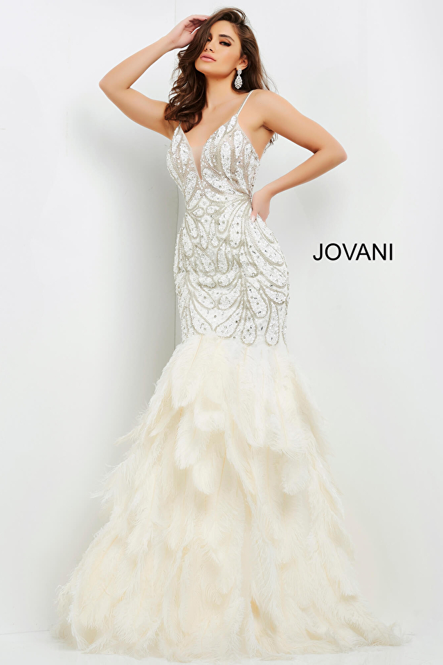 Model wearing Jovani style 04625 white prom dress