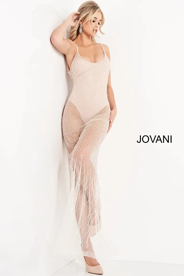 jovani Jovani 04864 Nude Silver Spaghetti Strap Sexy Prom Dress