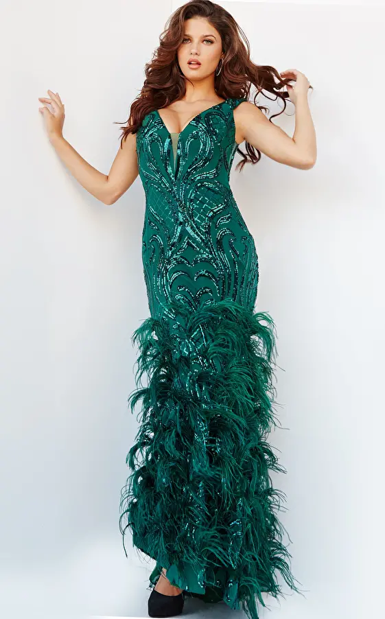 Jovani 05660 Green Embellished Feather Evening Dress