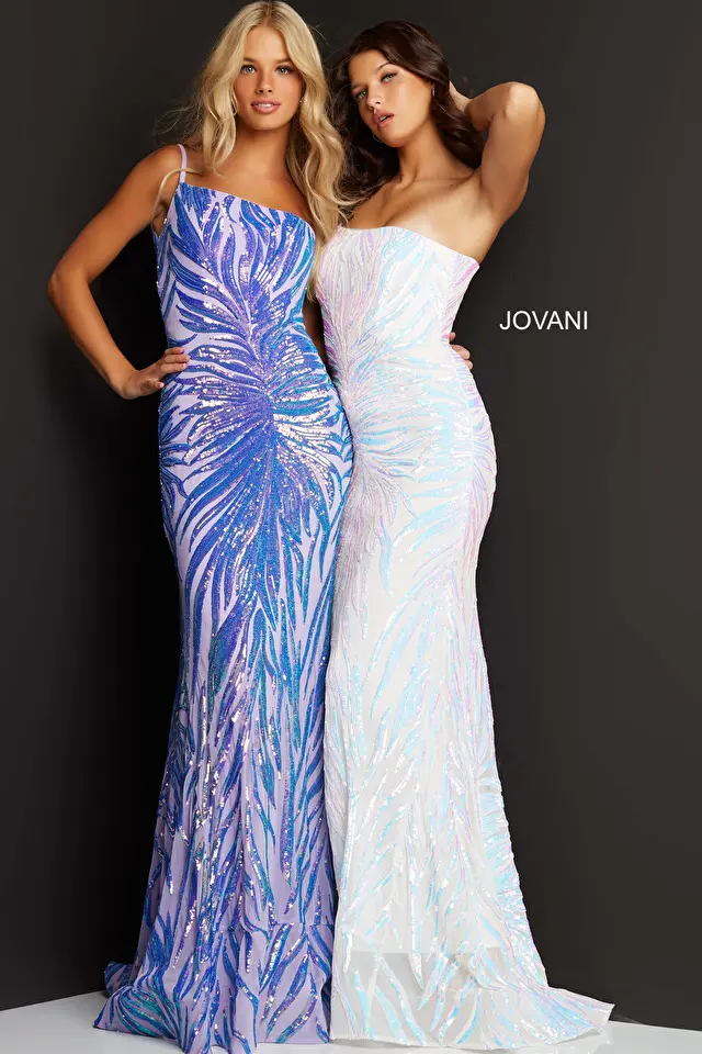 Model wearing Jovani style 05664 sequin prom dress