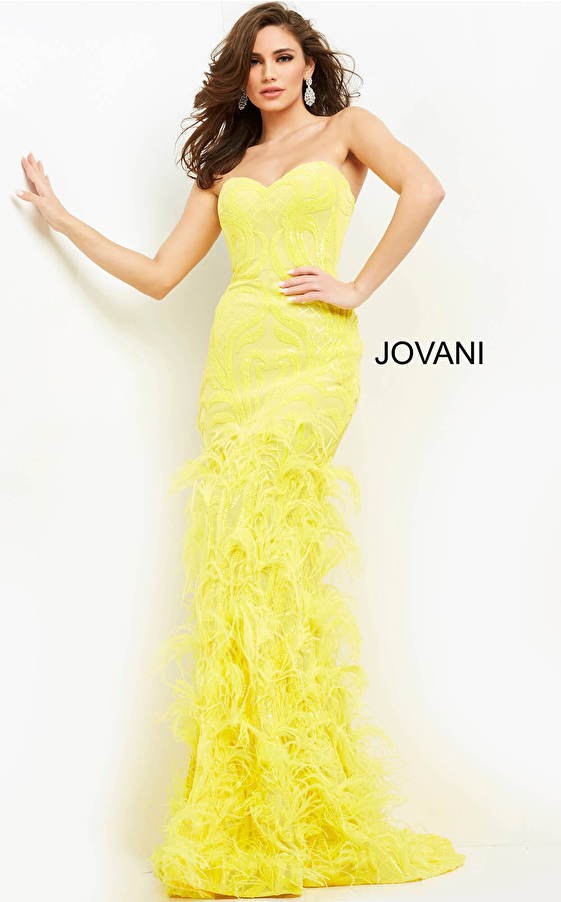 Jovani 05667 Strapless Sweetheart Neck Dress with Feathers