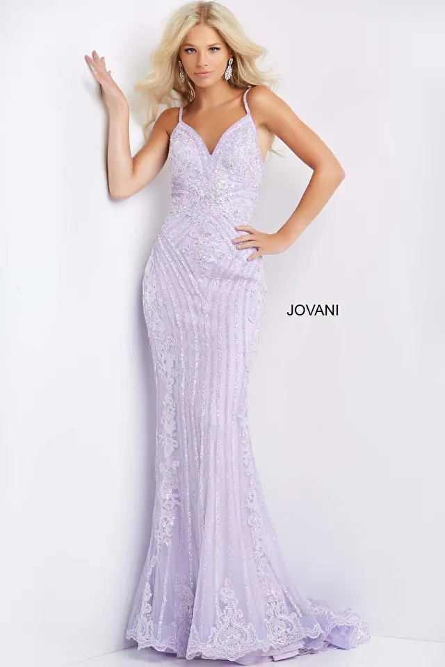 Model wearing Jovani style 05752 purple prom dress