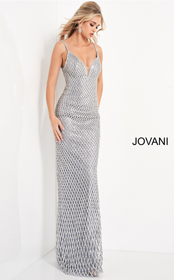 Jovani 05754 Silver Blue Beaded Spaghetti Strap Pageant Dress