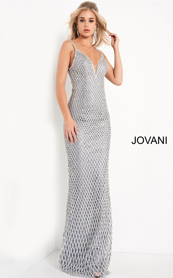jovani Jovani 05754 Silver Blue Beaded Spaghetti Strap Pageant Dress