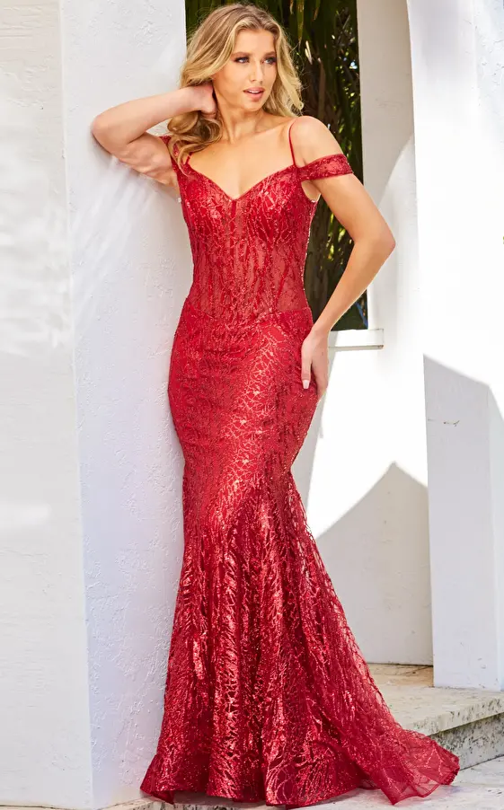 Jovani 05838 White Gold Off the Shoulder Mermaid Prom Dress