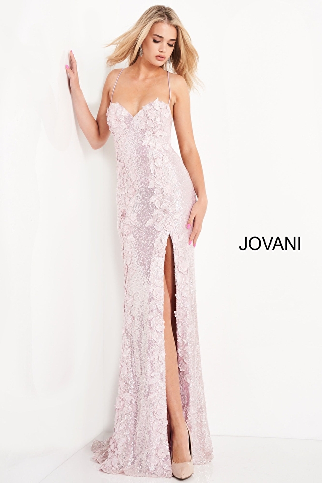 Model wearing Jovani style 06109 pink prom dress